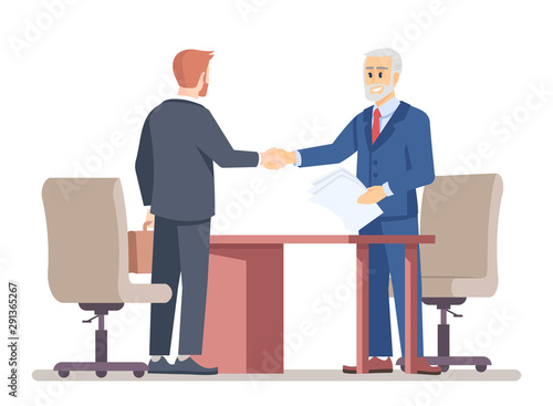 Senior boss hiring employee flat vector illustration. Successful partner negotiations. Job offer. Top manager handshaking with new worker, job seeker isolated cartoon characters on white background