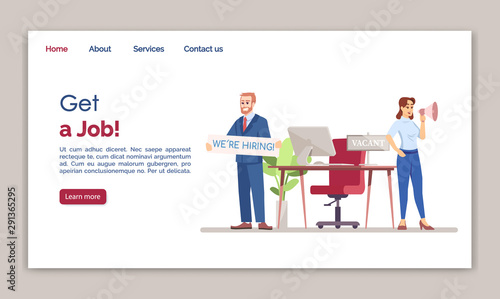 Get a job landing page vector template. HR agency website interface idea with flat illustrations. Employment service homepage layout. Vacant post web banner, webpage cartoon concept