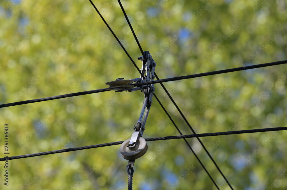 Obraz premium Crossed electricity cables of a tram in front of a green background in Berlin-Germany.