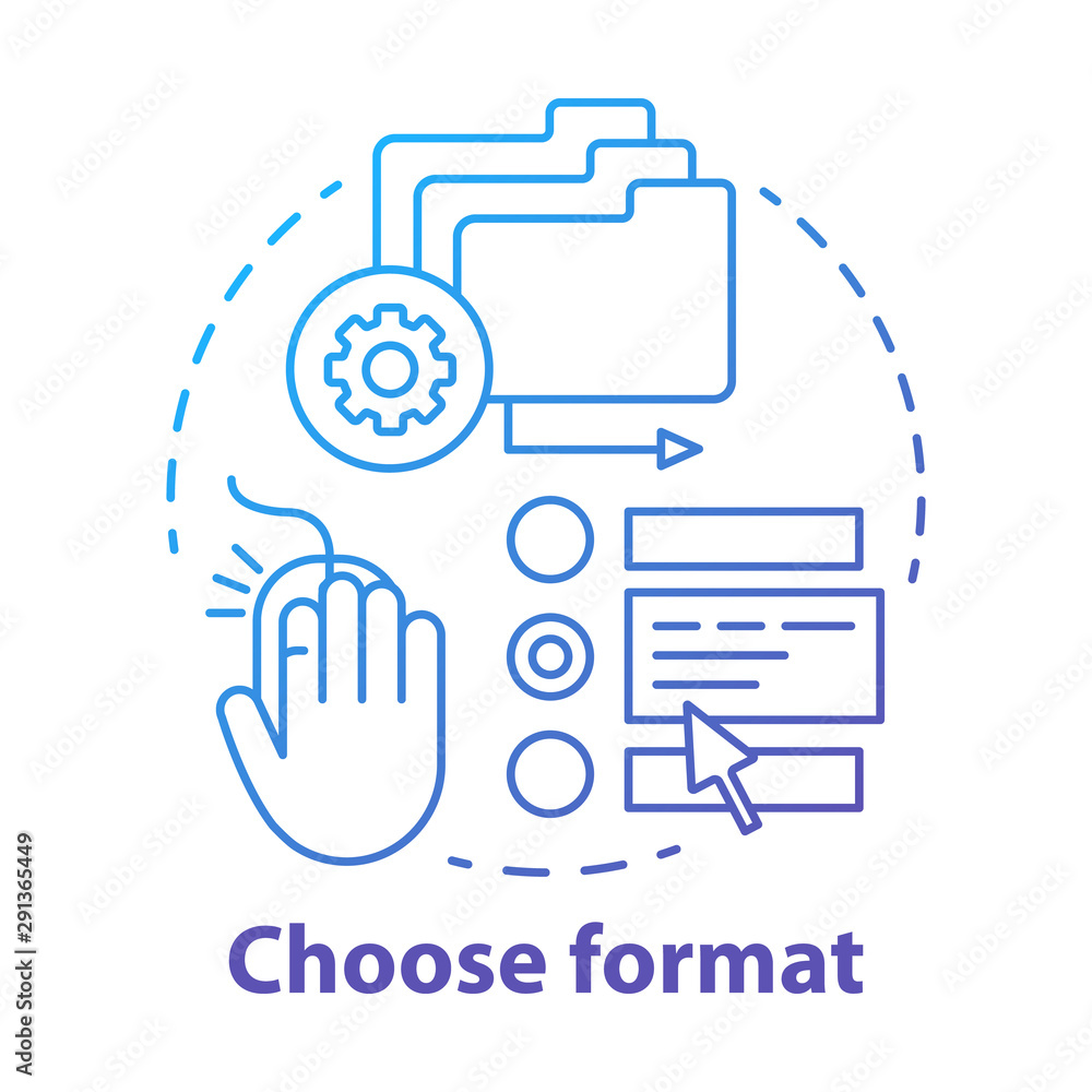 Choose format blue concept icon. Data management idea thin line illustration. Various types and options of getting information, knowledge. Files manager. Vector isolated outline drawing