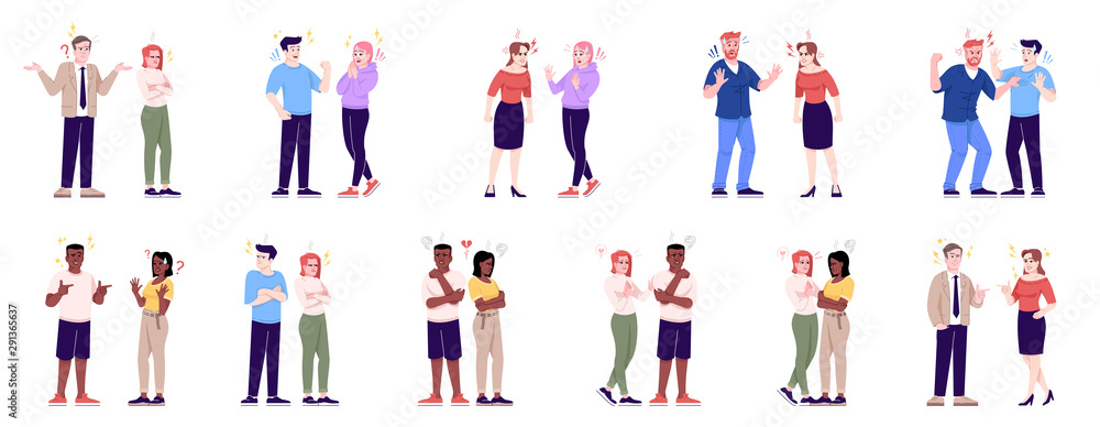 People behavior flat vector illustrations set. Couples quarrel, sympathize, argue, make friends. Men and women relationship isolated cartoon characters with outline elements on white background People behavior flat vector illustrations set. Couples quarrel, sympathize, argue, make friends. Men and women relationship isolated cartoon characters with outline elements on white background
