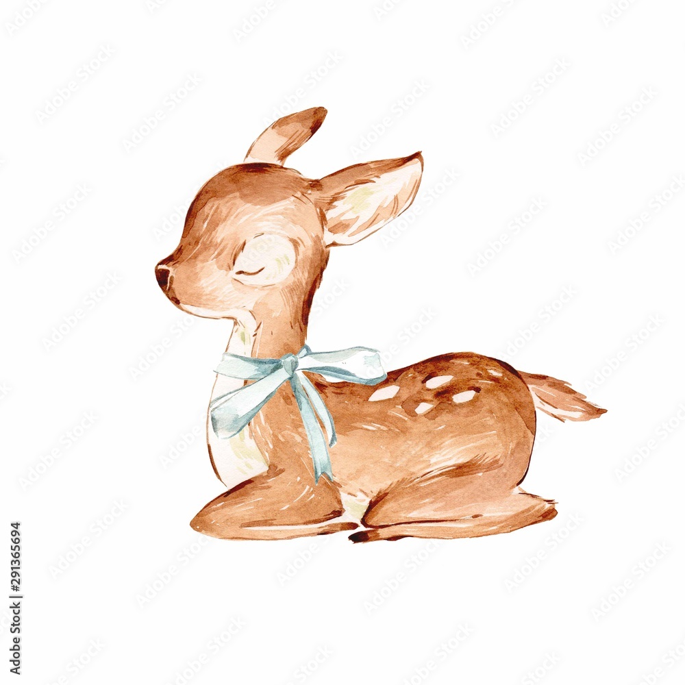 Obraz Closed Eyes Watercolor Baby Deer over white. Sleeping Baby Deer with the blue ribbon. Isolated .
