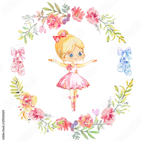 Watercolor Dancing Blond Ballerina Girl. Ballet Girl Surrounded by floral Frame and Ballet Shoes. Ballerina Wearing Pink Dress. Elegant Little Child Posing Training Ballet Collection Poster Design for