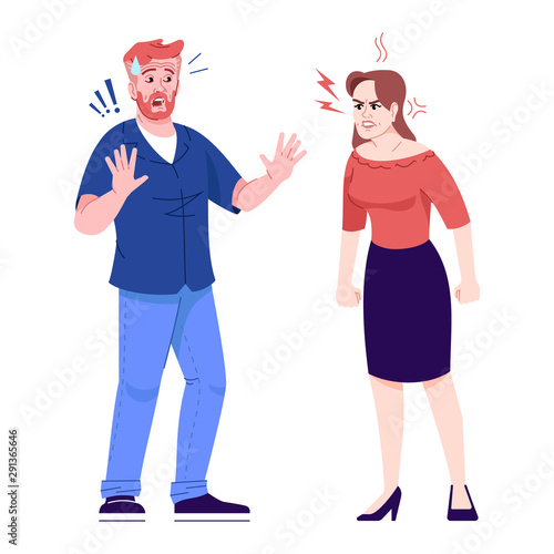 Couple quarrel flat vector illustration. Emotional family conflict. Domestic violence against men. Angry woman and defending man isolated cartoon characters with outline elements on white background