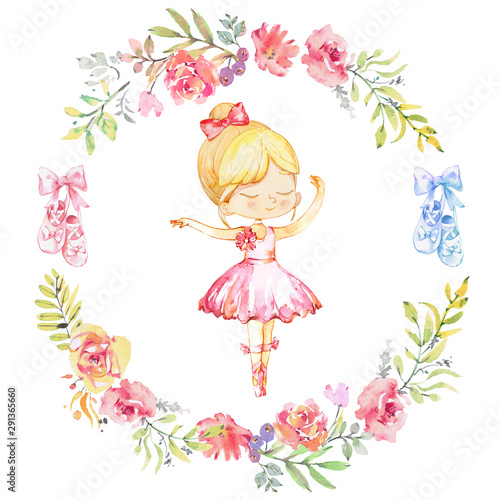 Cute Watercolor Ballerina Enjoys Dancing. Girl Surrounded by floral Vignette and Ballet Shoes. Closed Eyes Ballerina Wearing Pink Dress. Elegant Little Child Posing Training Ballet Collection Poster