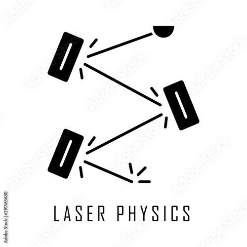 Laser physics glyph icon. Optics branch. Quantum electronics, laser construction, optical cavity. Light reflection. Optical experiment. Silhouette symbol. Negative space. Vector isolated illustration