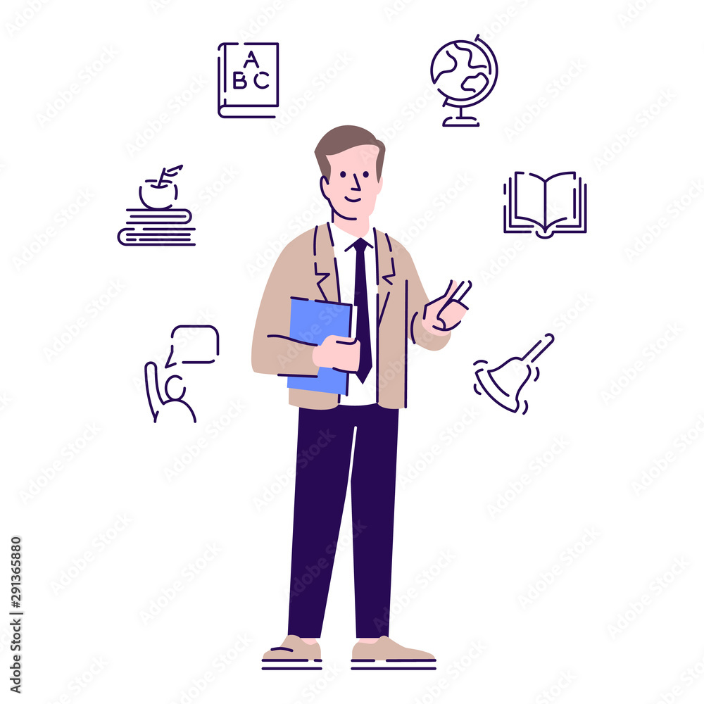 Teacher flat vector character. School educator, tutor, instructor cartoon illustration with outline and linear icons. Educational industry worker. Male lecturer, professor isolated on white background Teacher flat vector character. School educator, tutor, instructor cartoon illustration with outline and linear icons. Educational industry worker. Male lecturer, professor isolated on white background