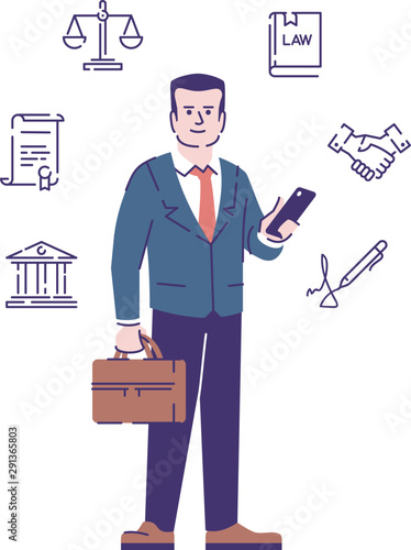 Lawyer flat vector character. Advocate cartoon illustration with outline. Jurist, juridical consultant, legal adviser holding smartphone and briefcase isolated on white background with linear icons