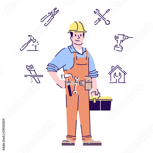 Handyman flat vector character. Repairman, construction worker, carpenter with tools cartoon illustration isolated on white background. Home maintenance, and repair service worker with linear icons