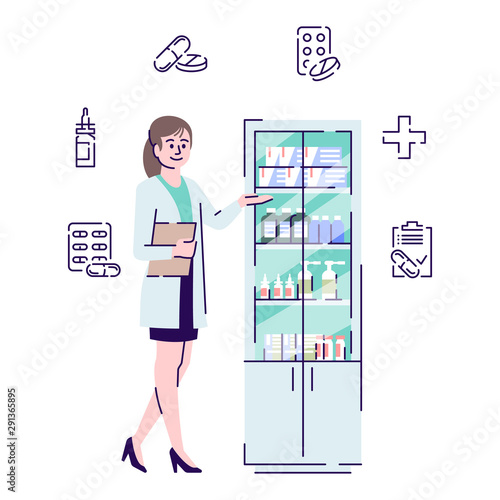 Pharmacist flat vector character. Pharmacy seller, druggist standing near medications cupboard cartoon illustration. Drugstore worker. Female pharmacologist, chemist isolated on white background