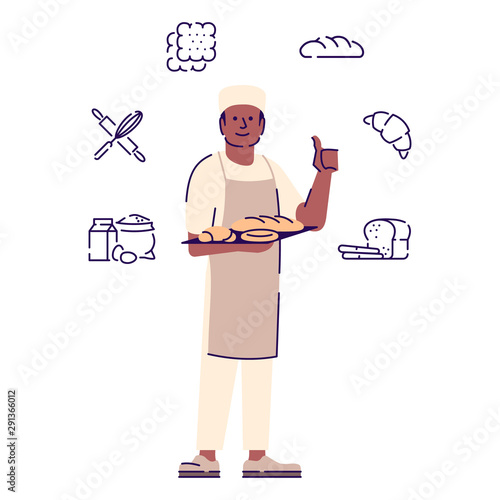 Baker flat vector character. Restaurant chef, bakery worker cartoon illustration with outline. African american confectioner holding tray with bread and buns isolated on white and linear icons