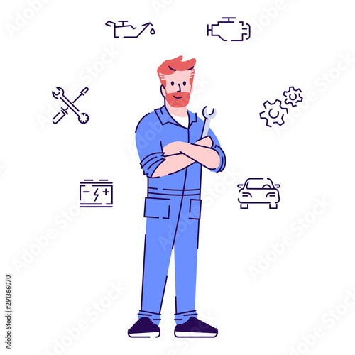 Auto mechanic flat vector character. Automobile repairman, technician cartoon illustration with outline. Auto workshop, car maintenance service worker, handyman isolated on white with linear icons