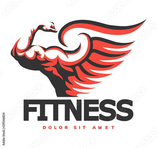 Fitness Emblem with Bodybuilder Hand. Vector illustration.