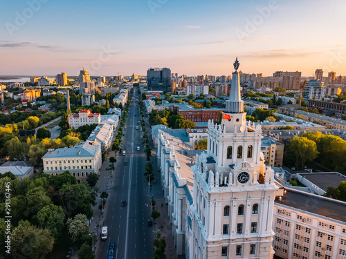 Evening summer Voronezh, aerial view. Tower of management of south-east railway and Revolution prospect