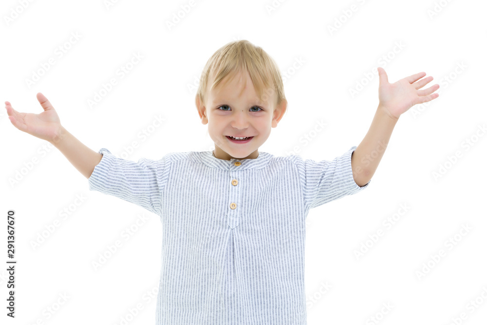 The little boy is emotionally waving his arms. The little boy is emotionally waving his arms.
