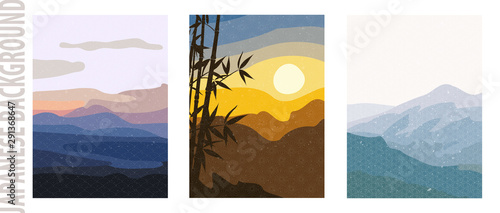 Trendy landscape backgrounds with Japanese pattern, vector illustration