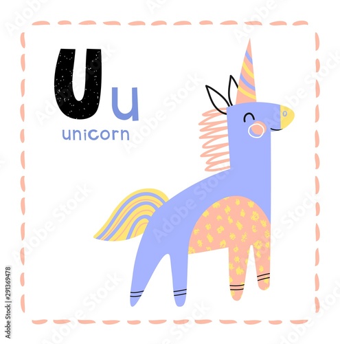 Cartoon Alphabet letter U for Unicorn for teaching kids to read and write, with upper and lower case text alongside a colorful mythical creature with one horn in a vector design.