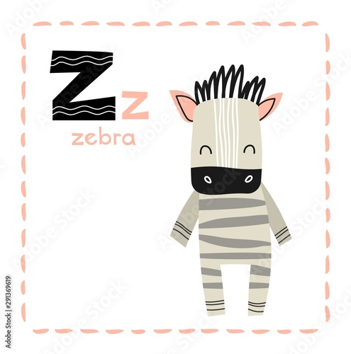 Alphabet letter Z for Zebra for kids with upper and lower case letters, alongside an adorable striped zebra in an educational vector for teaching children to read and spell