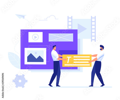 Team fill web page with content. Management, SMM and Blogging concept in flat design. Creating, marketing and sharing of digital - vector illustration.