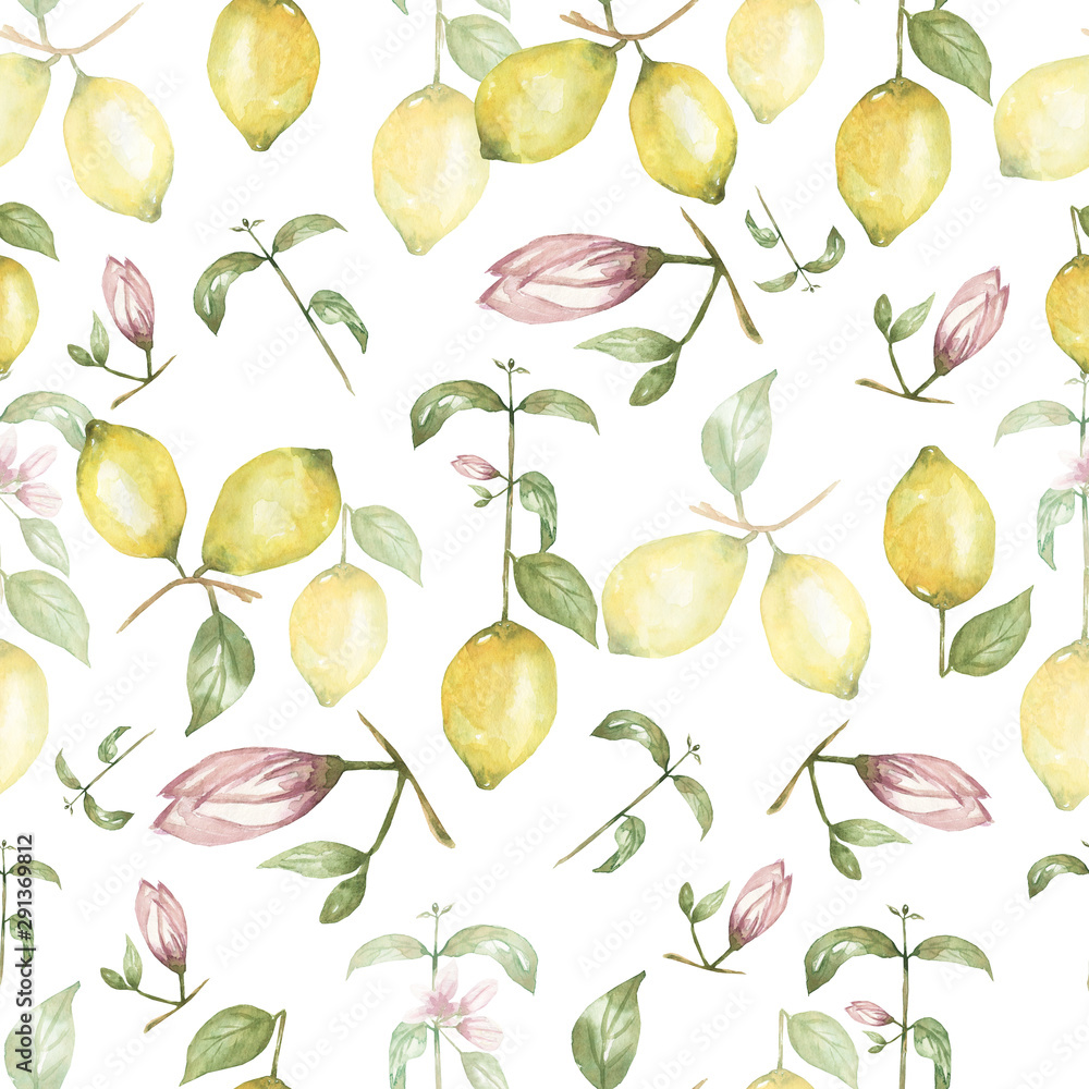 Obraz premium Watercolor hand drawn Seamless pattern. Yellow citrus fruit fruit. Sicily Lemon, leaves and flowers. Tropical illustration.