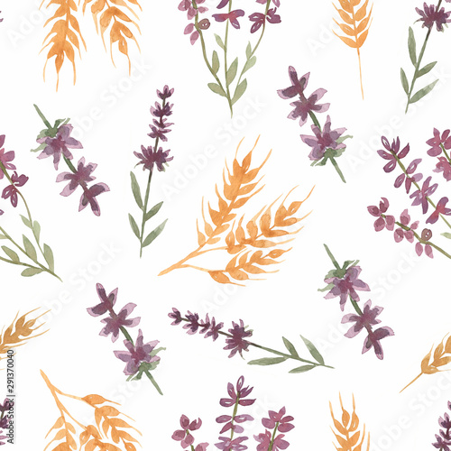 Watercolor wildflower floral pattern, delicate flower wallpaper with field flowers , lavender and wheat pattern. Retro style.