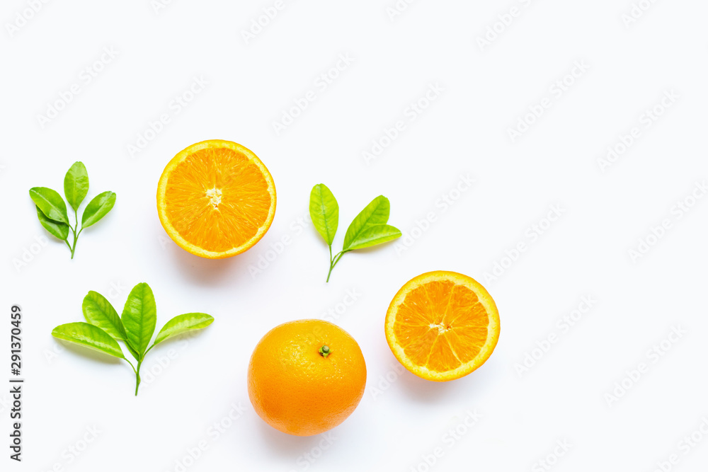 Fresh orange citrus fruit with leaves isolated on white background. Fresh orange citrus fruit with leaves isolated on white background.