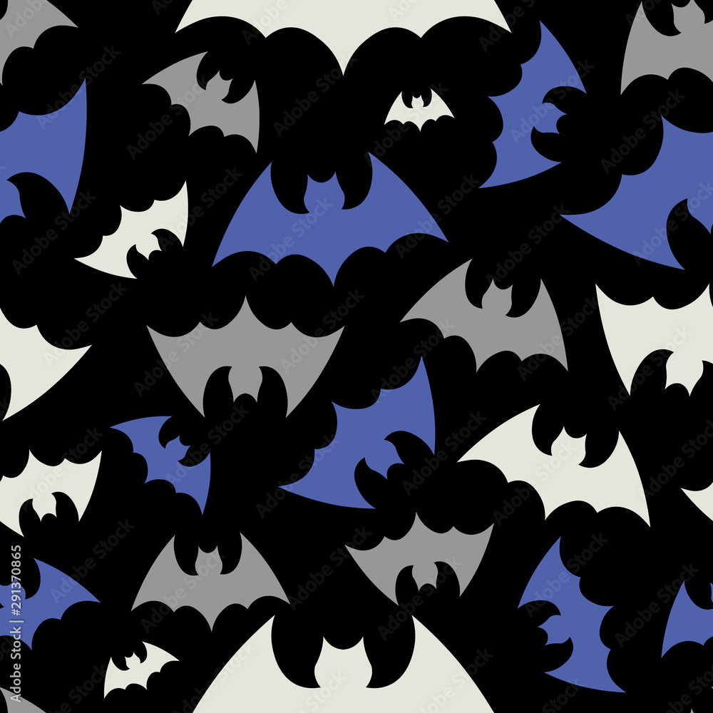 Naklejka premium Vector pattern background with bats silhouettes for halloween design. Seammles pattern swarm of bats on the black background. Happy Halloween