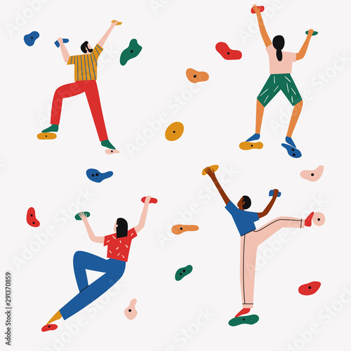 Men and women climbing the rock inside a building. Concept of goal achievement. Flat vector illustration