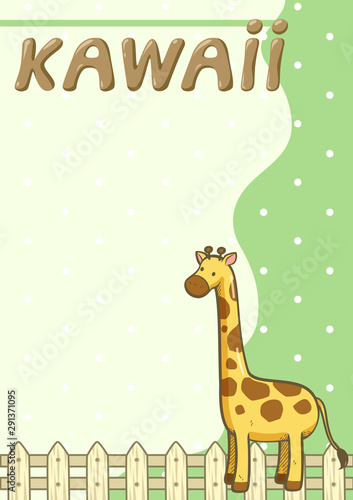 Cute giraffe letter writing paper, Wooden fence border, Brown kawaii font and dot pattern on green background - Vector