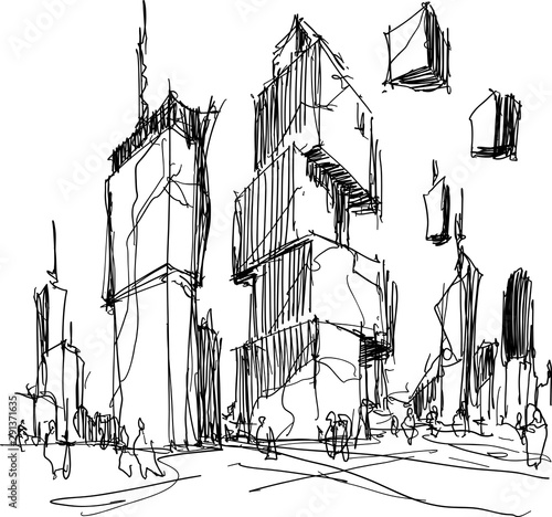 hand drawn architectural sketch of a modern fantastic city with high futuristic buildings and people in the streets