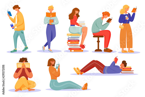 Books reading flat vector illustrations set. School education. Students studying textbooks. Keen readers. Happy world book day. Men and women read literature isolated cartoon characters