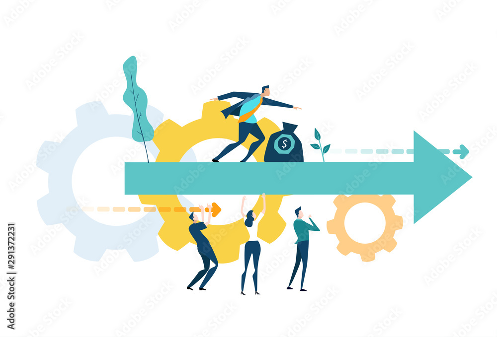 Young businessman balancing on the arrow and moving fast forward. Solving problem, achievement and working in progress concept 