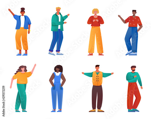 Multicultural people flat vector illustrations set. Girls and guys of different nationalities. Social diversity. Caucasian, african american young men and women. Multiracial isolated cartoon character