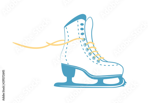 ice skates with bright laces. White classic figure skate in line style. Sport equipment logo. Vector Illustration isolated on white background.