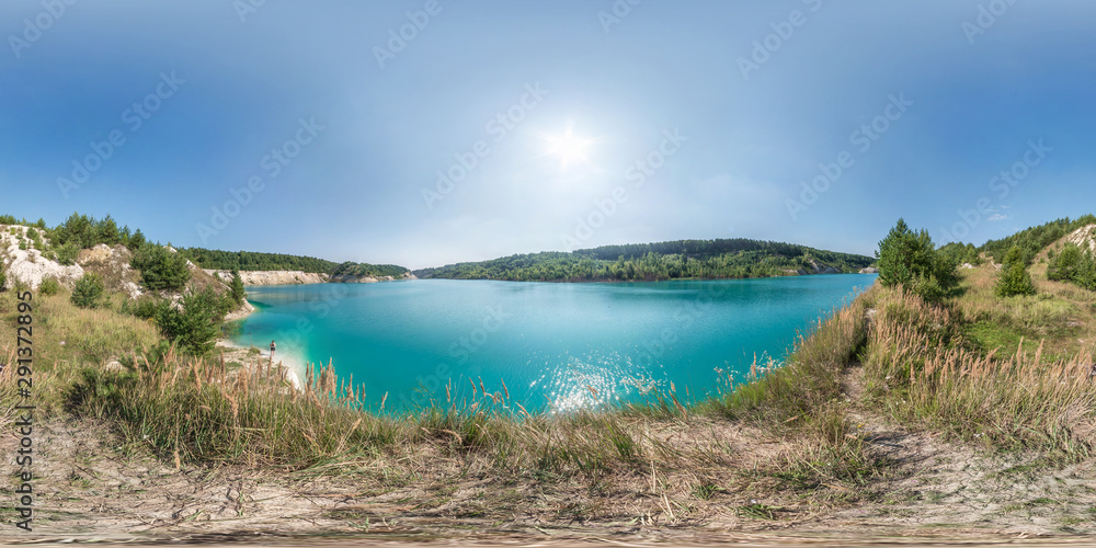 full seamless spherical hdri panorama 360 degrees angle view on chalkpit on limestone coast of huge turquoise lake in summer day in equirectangular projection with zenith and nadir, VR content