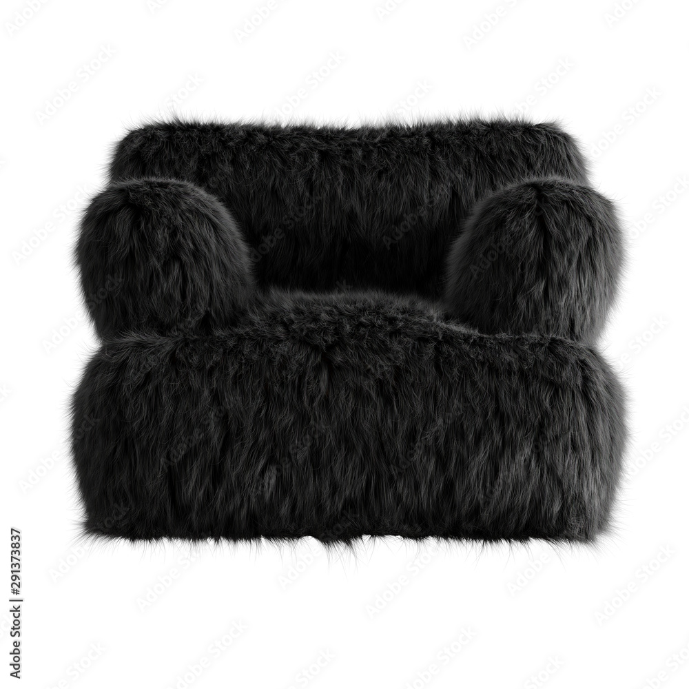 Beautiful black fluffy armchair made of wool on an isolated background. 3D rendering Beautiful black fluffy armchair made of wool on an isolated background. 3D rendering