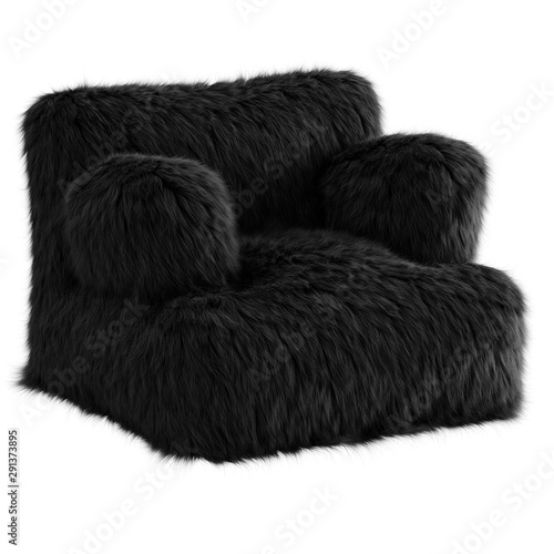 Beautiful black fluffy armchair made of wool on an isolated background. 3D rendering