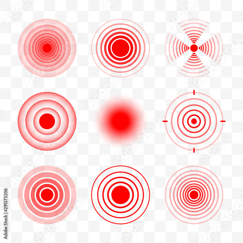 Set of medical pain circle. Red vector symbol of pain place.