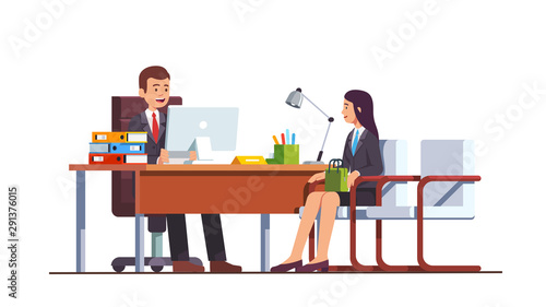 Boss or HR manager meeting job applicant woman