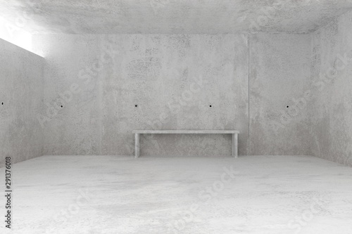 Abstract empty, modern concrete room with light from window and concrete bench at the backwall - industrial interior background template, 3D illustration