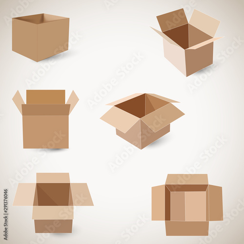Flat vector packaging carton boxes set. Set of isometric cardboard boxes. Delivery box package. Vector illustration isolated on white background. © vukrytas