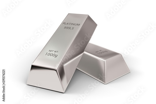 Canvastavla Two platinum ingots or bars over white background - precious metal or money inve