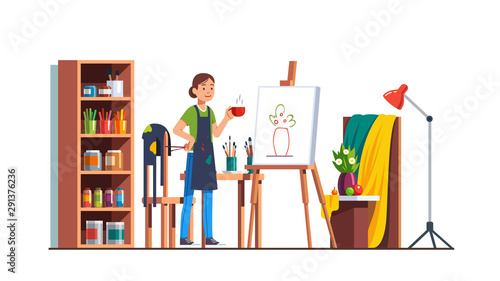 Artist woman workshop studio room with canvas