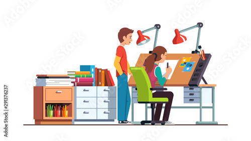 Woman architect drawing in designer studio office