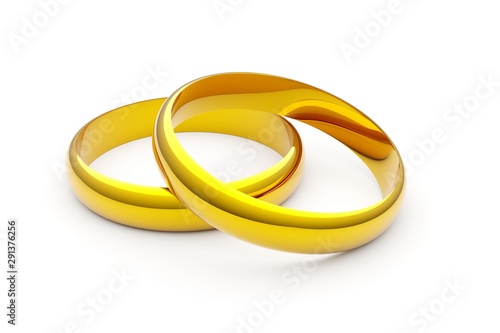 Two golden wedding or marriage or engagement rings over white background - 3D illustration