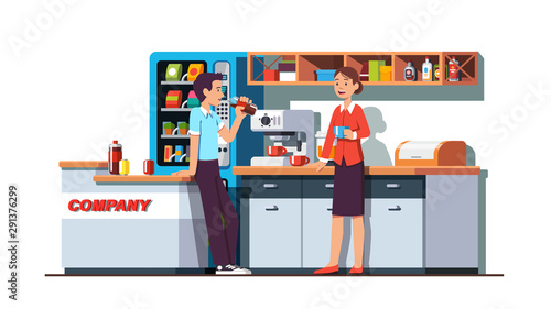 Business men drinking coffee in office kitchen