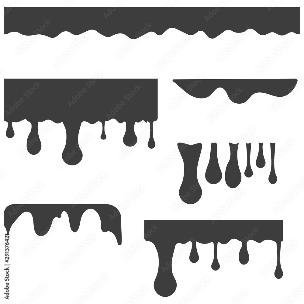 Fototapeta Black melt drips or liquid paint drops. Vector graffiti splatter splash or chocolate syrup and oil leak borders. Black chocolate melt liquid splash border.