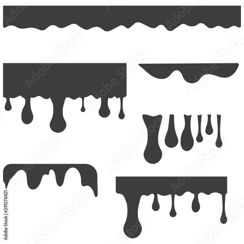 Black melt drips or liquid paint drops. Vector graffiti splatter splash or chocolate syrup and oil leak borders. Black chocolate melt liquid splash border.