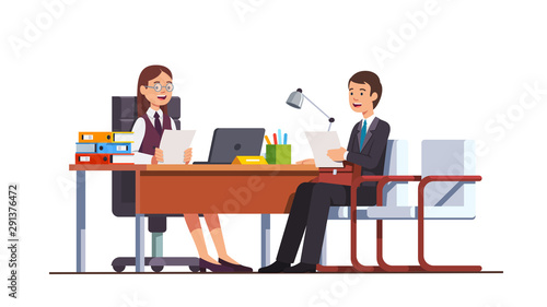 Boss woman holding CV, meeting job applicant man