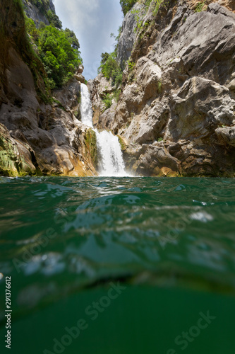 Underwater view of Gubavica waterfall in Cetina River canyon